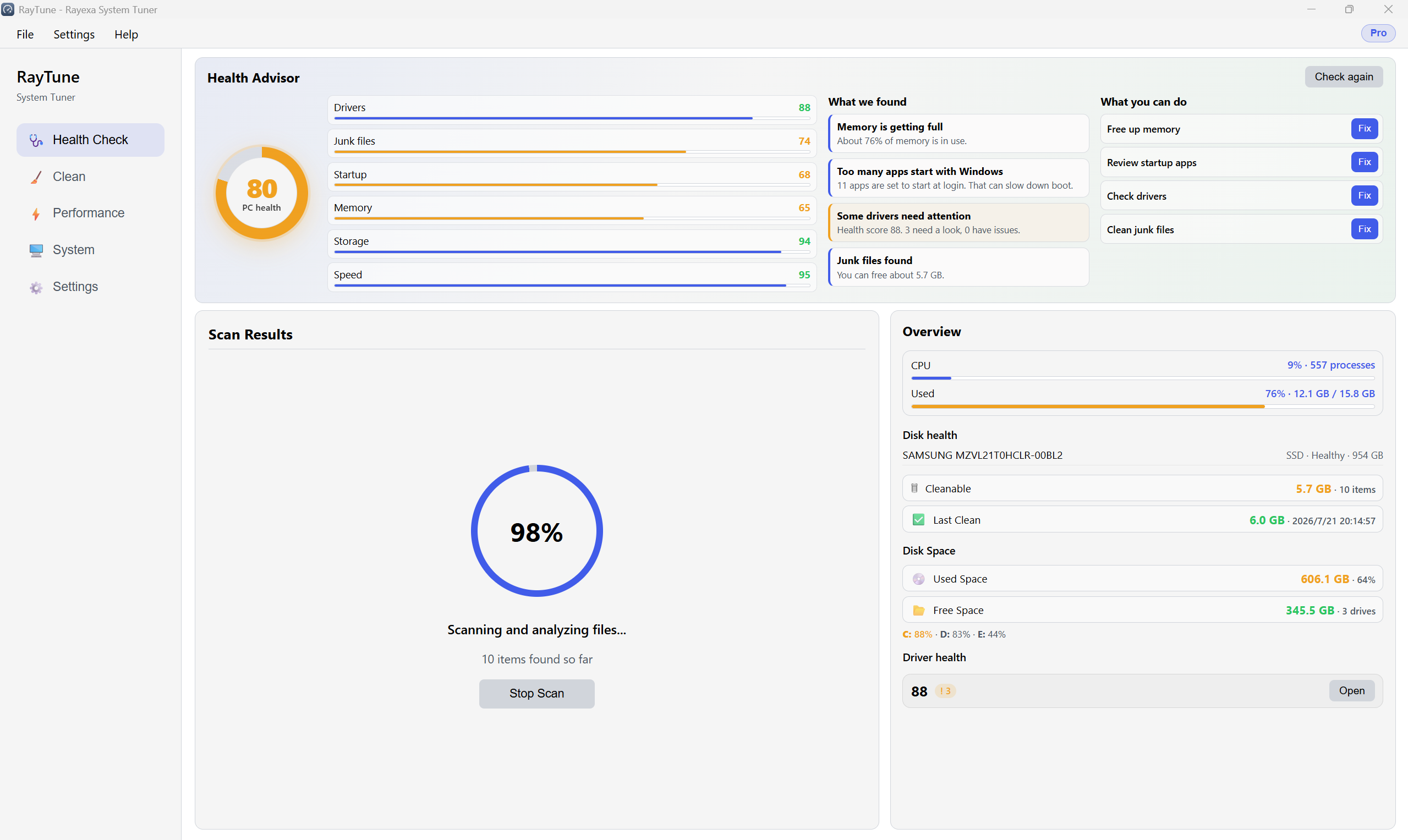 RayTune Windows performance dashboard