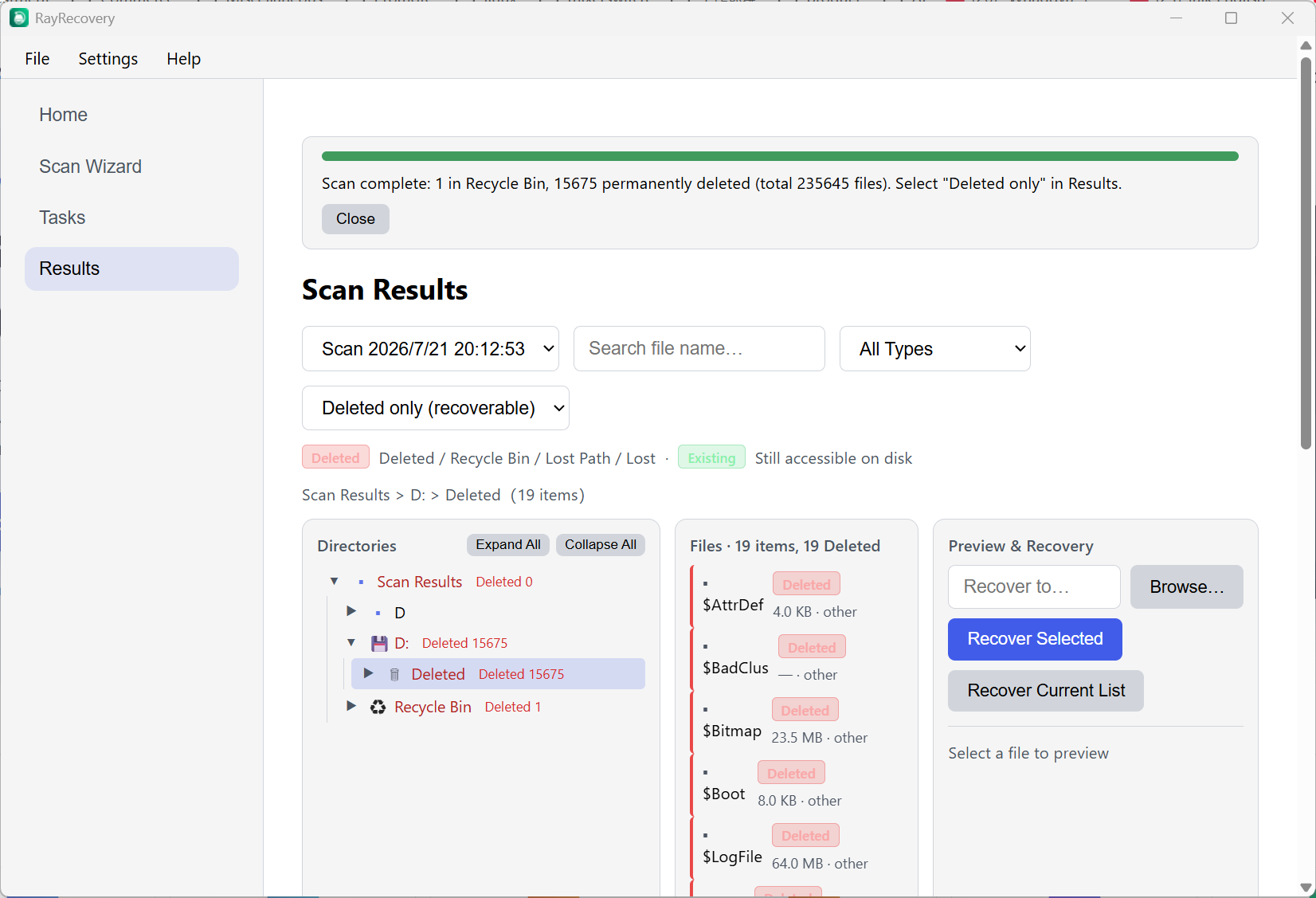 Rayexa Data Recovery interface