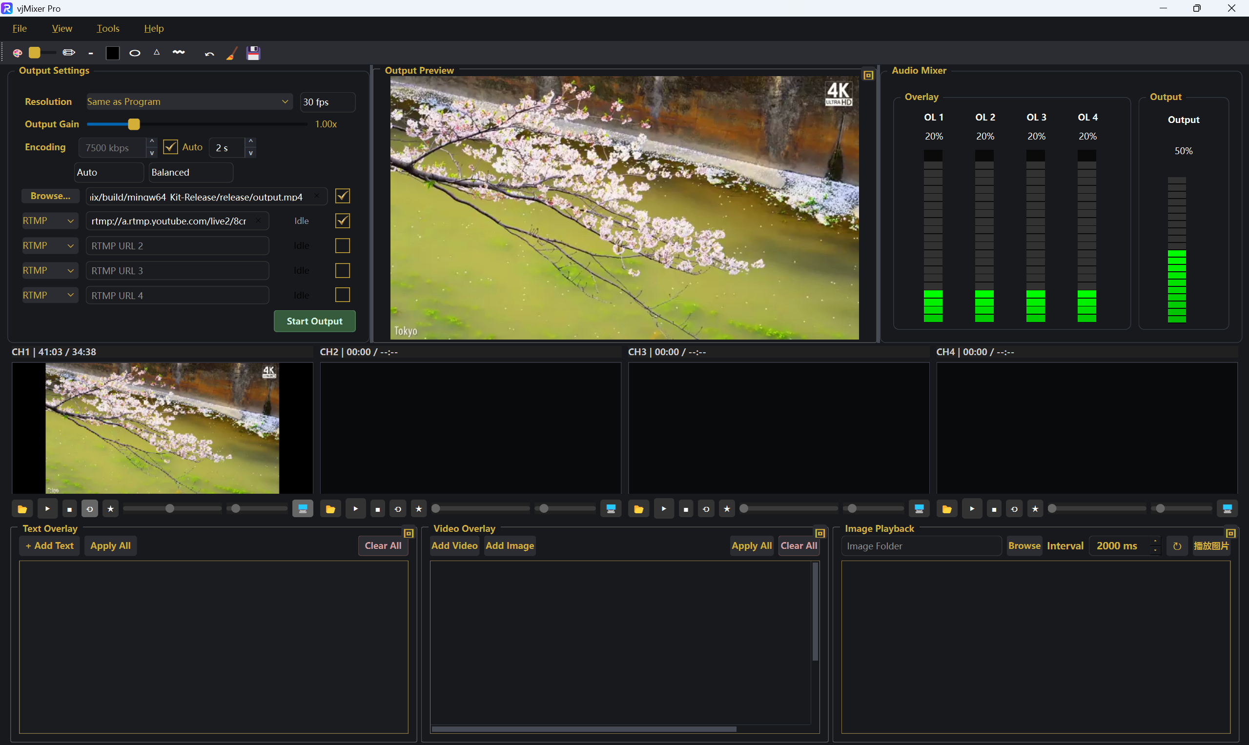 vjMixer Pro interface showing a multi-source live production