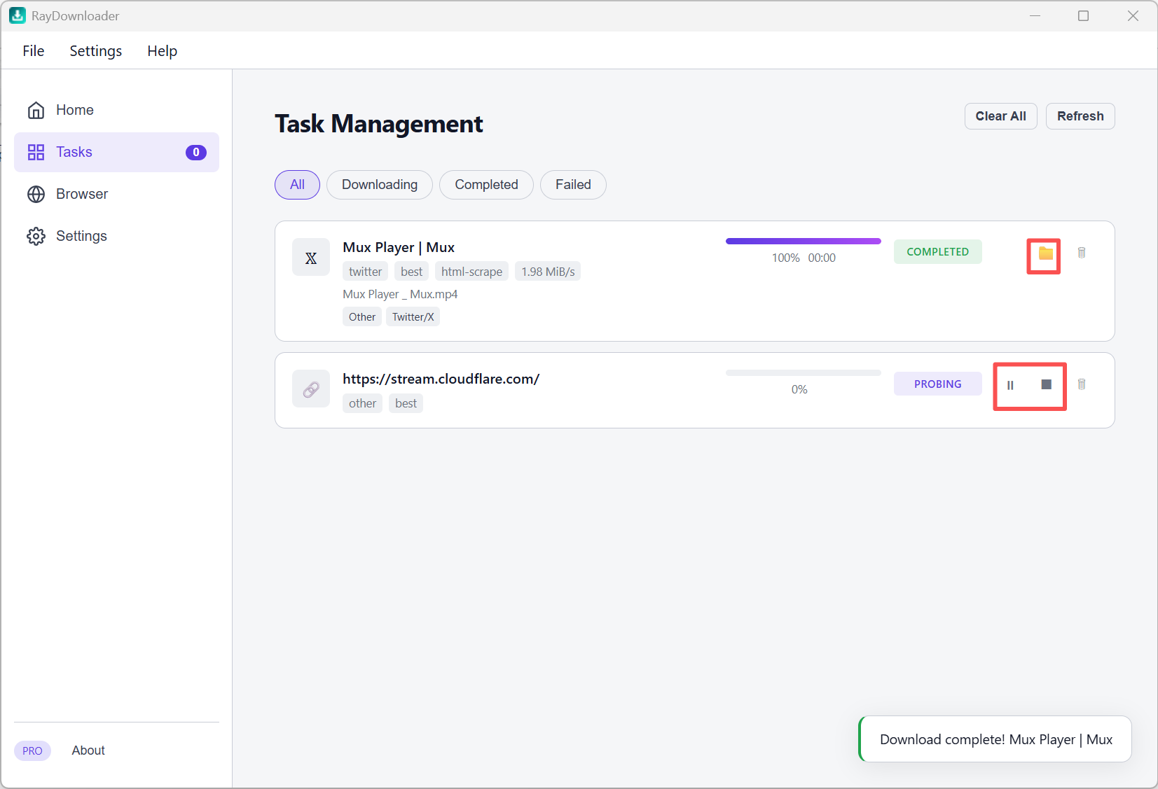 Tasks page: open folder or control downloads