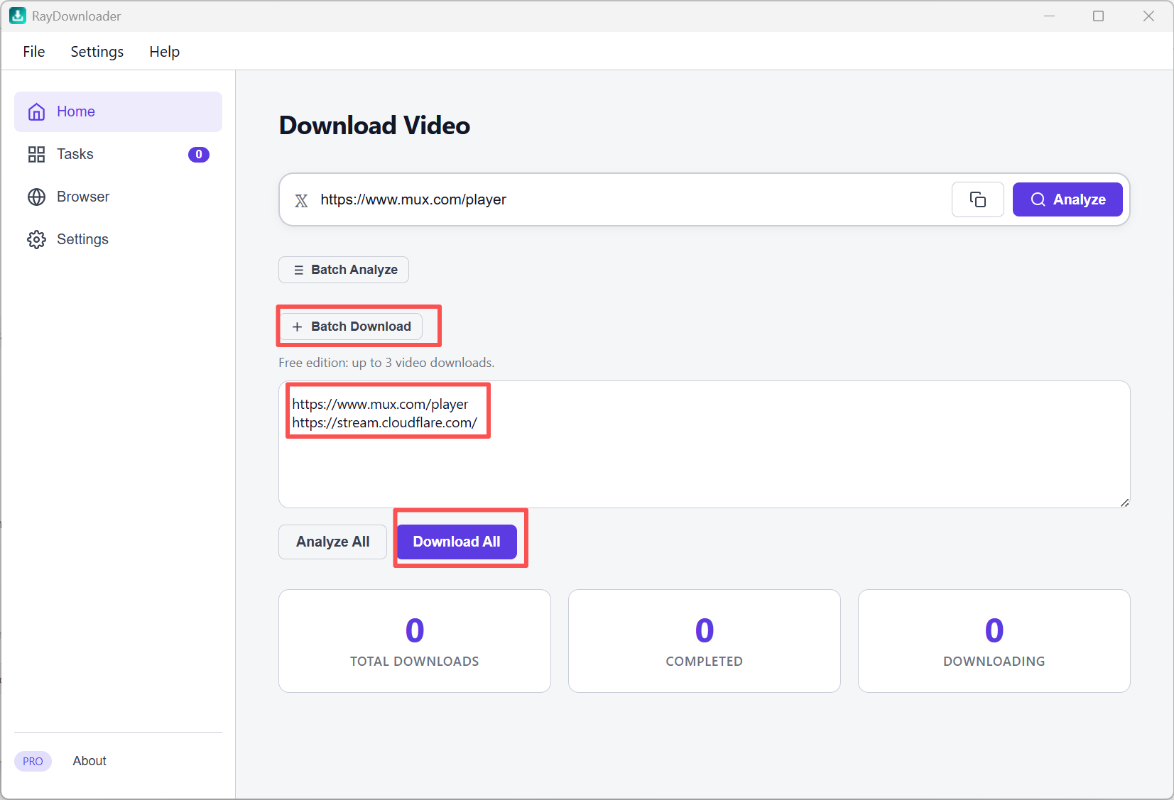Batch Download: paste URLs and click Download All