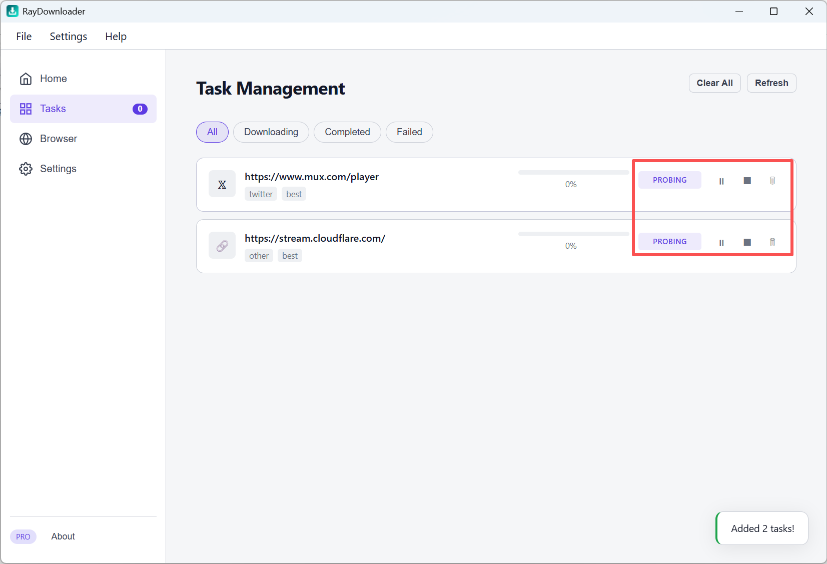 Tasks page showing probing batch downloads