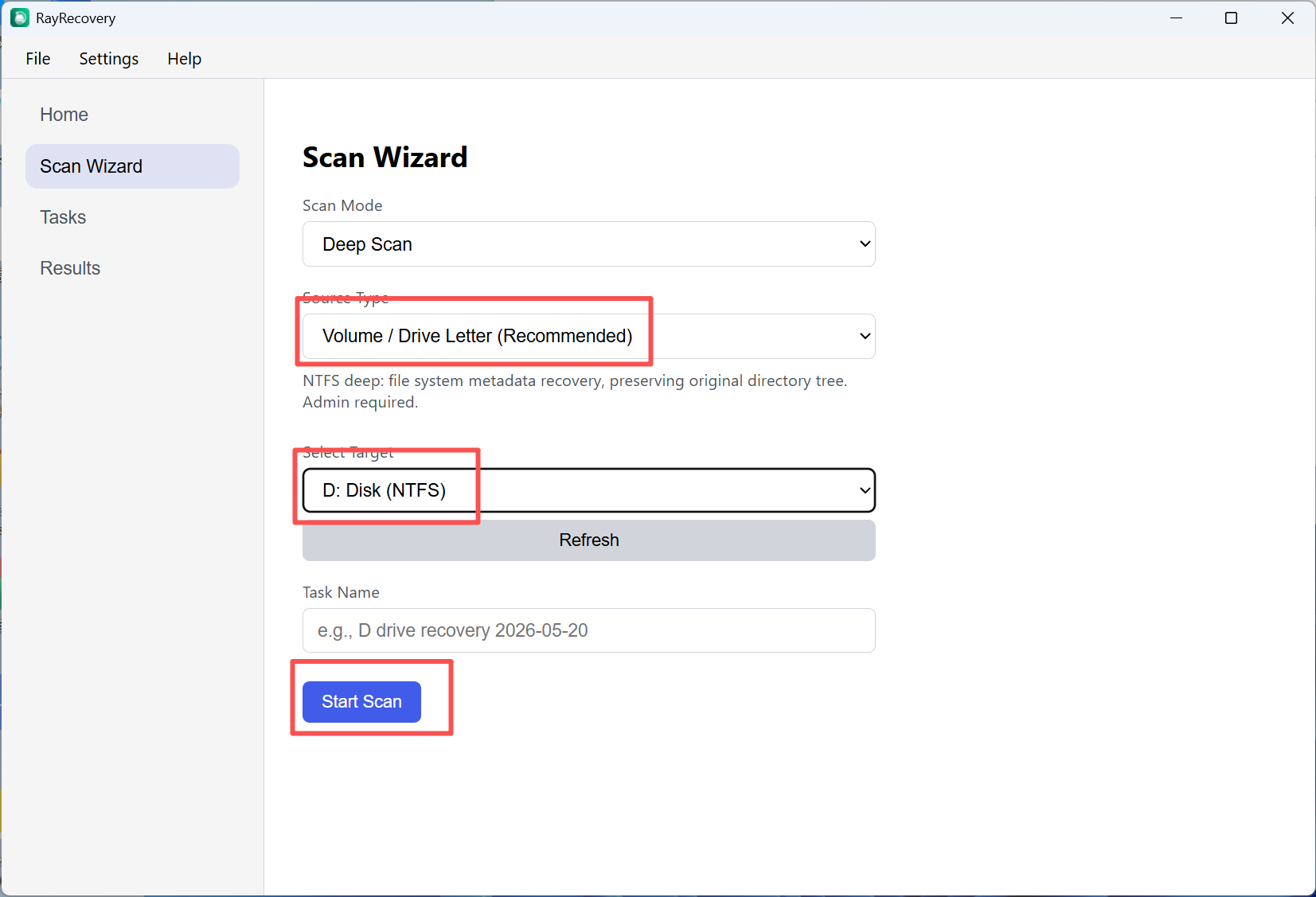 Scan Wizard — select volume and start Deep Scan