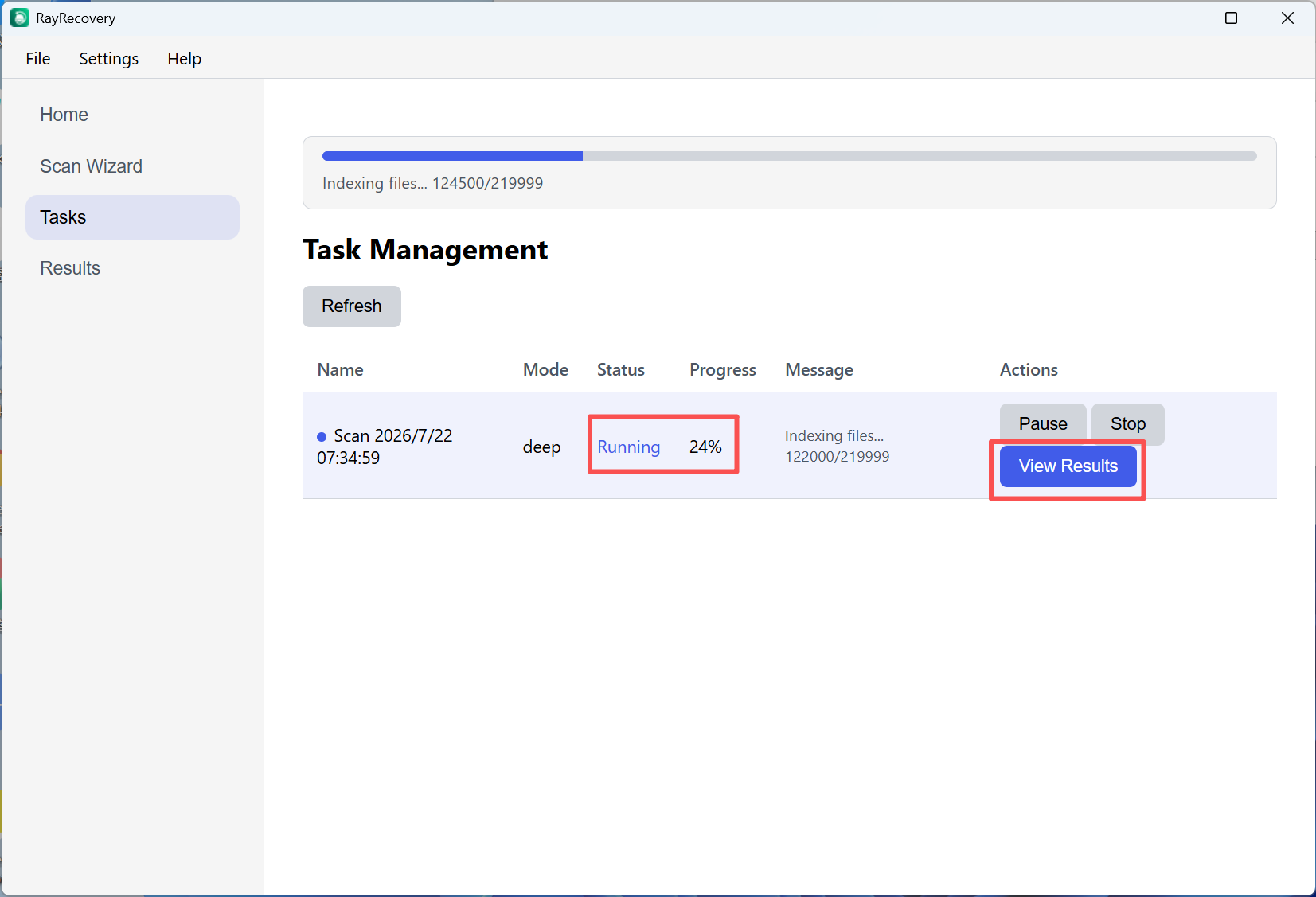 Tasks — Deep Scan running, View Results