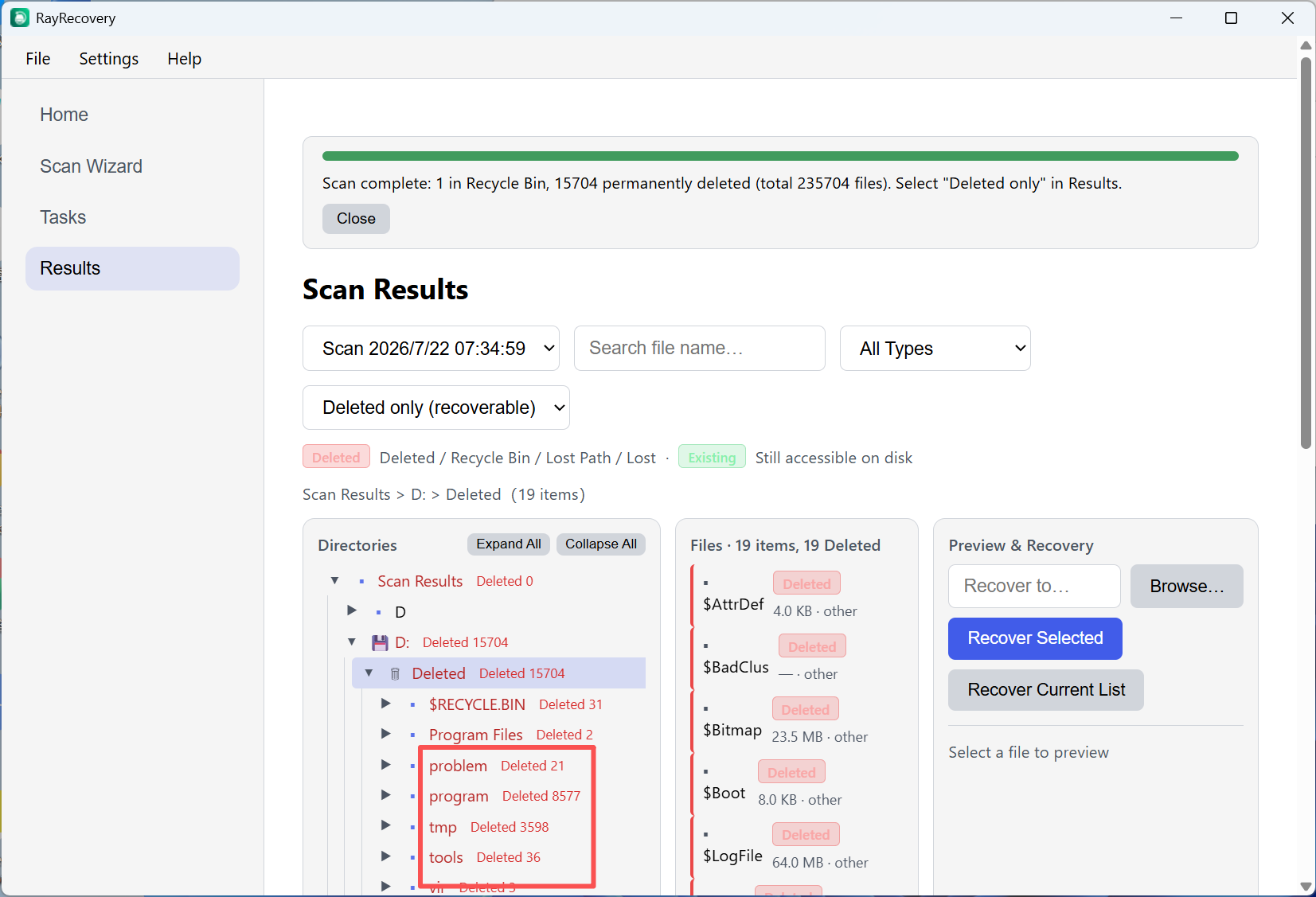Results — Deleted only filter and recover files