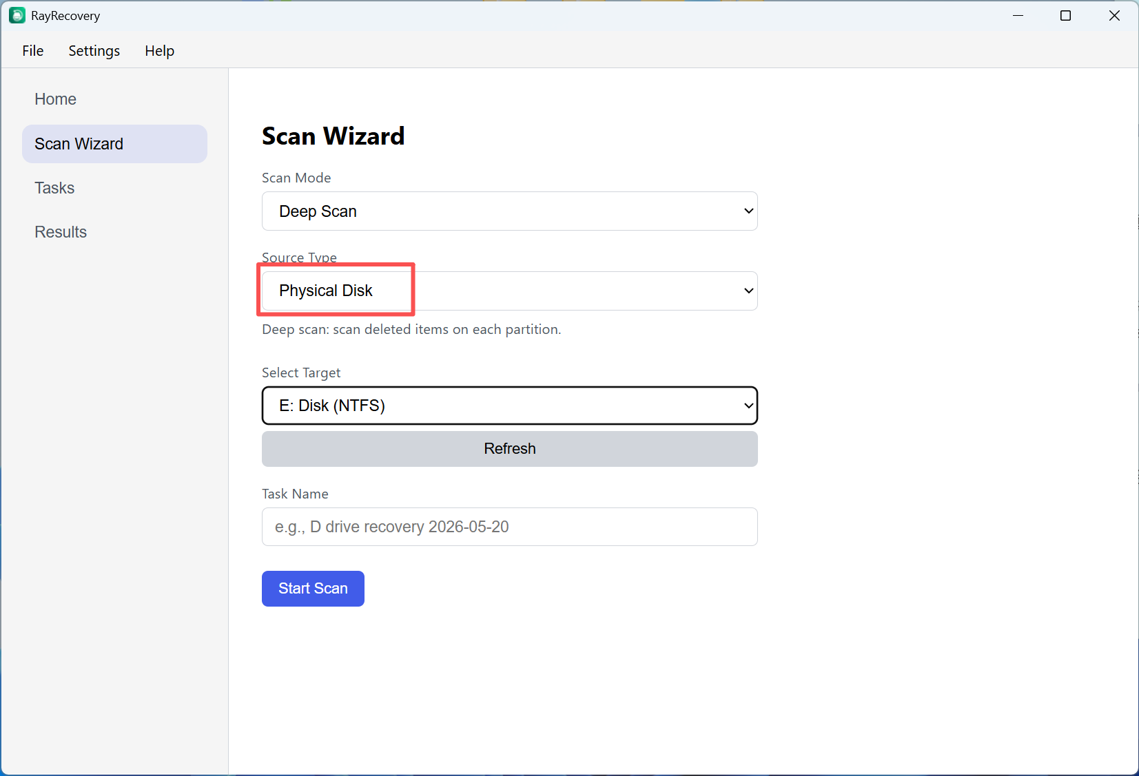 Scan Wizard — Source Type Physical Disk and Start Scan