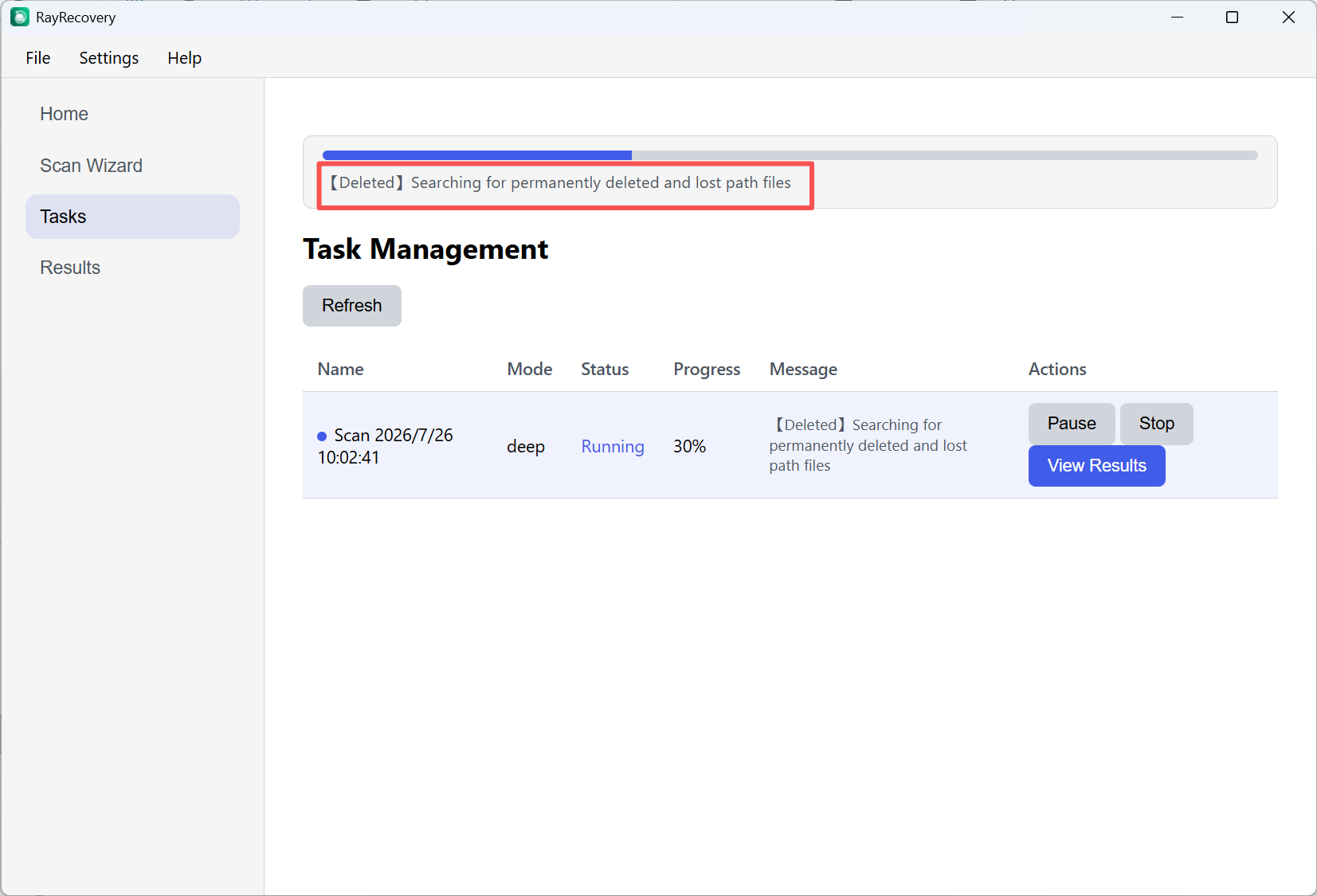Tasks — Physical Disk Deep Scan running, View Results