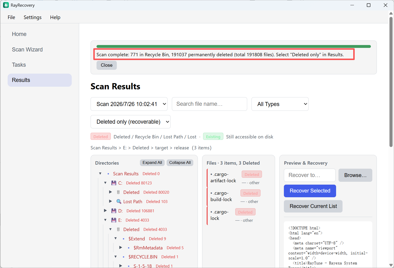 Results — Deleted only filter and recover files from Physical Disk scan