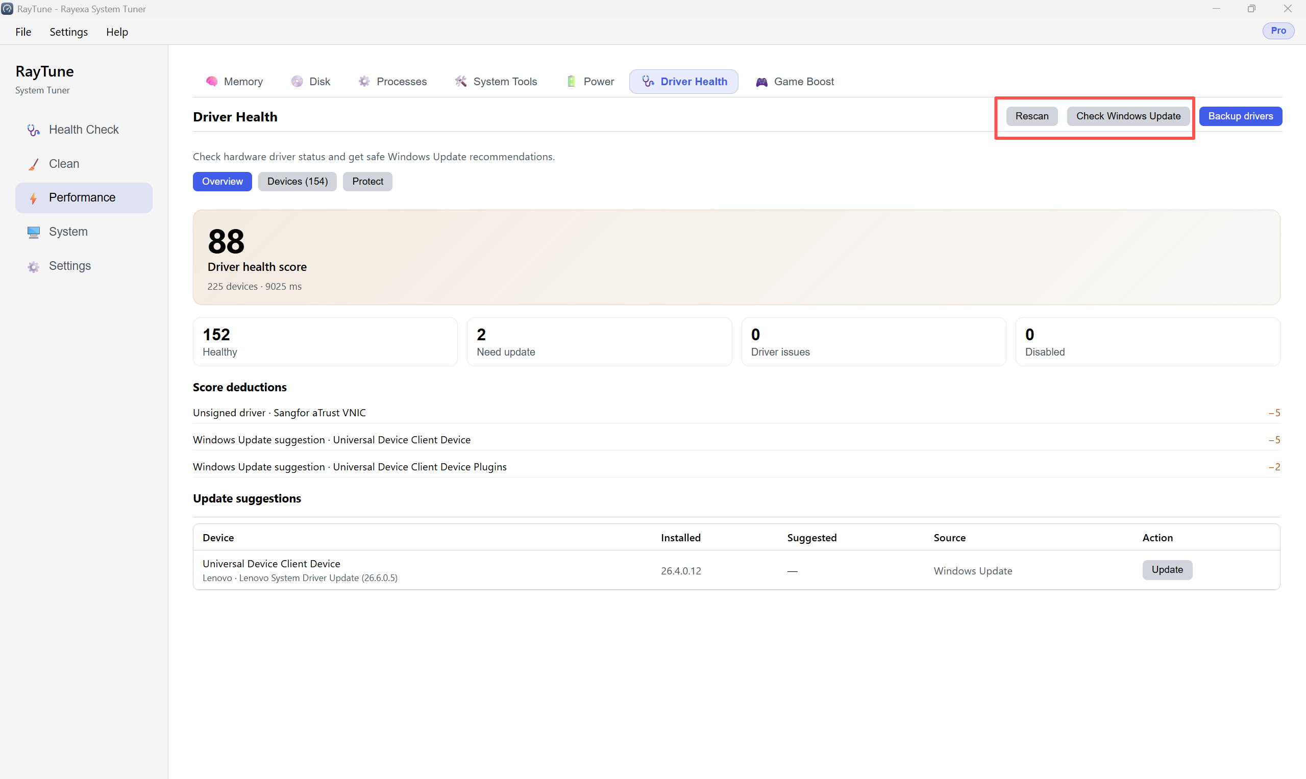 Driver Health — Rescan and Check Windows Update
