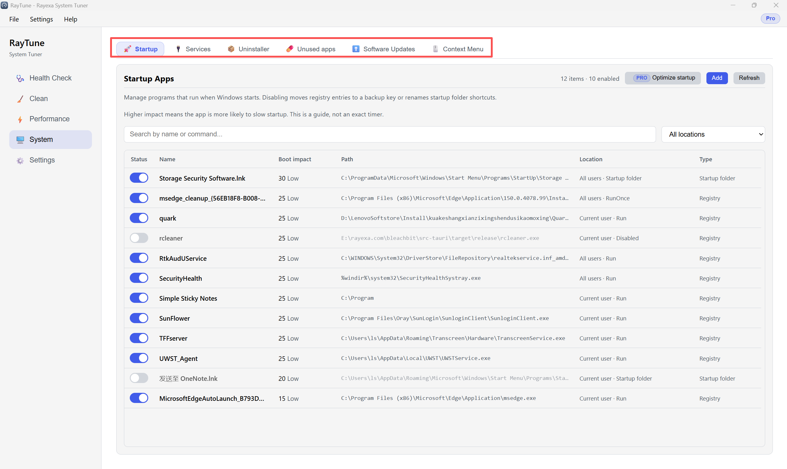 System — Startup apps toggles