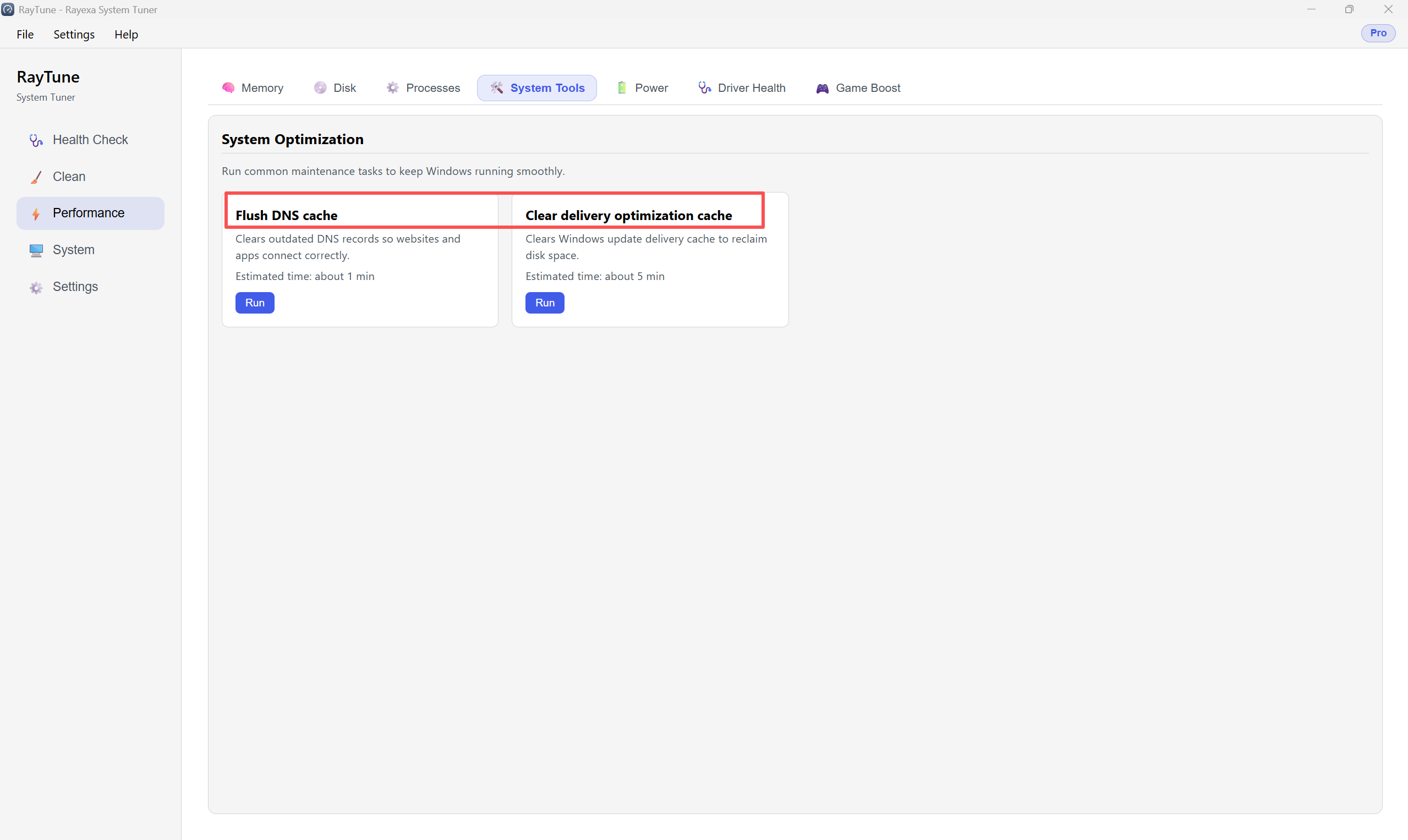 Performance — System Tools, Flush DNS and Clear delivery optimization cache