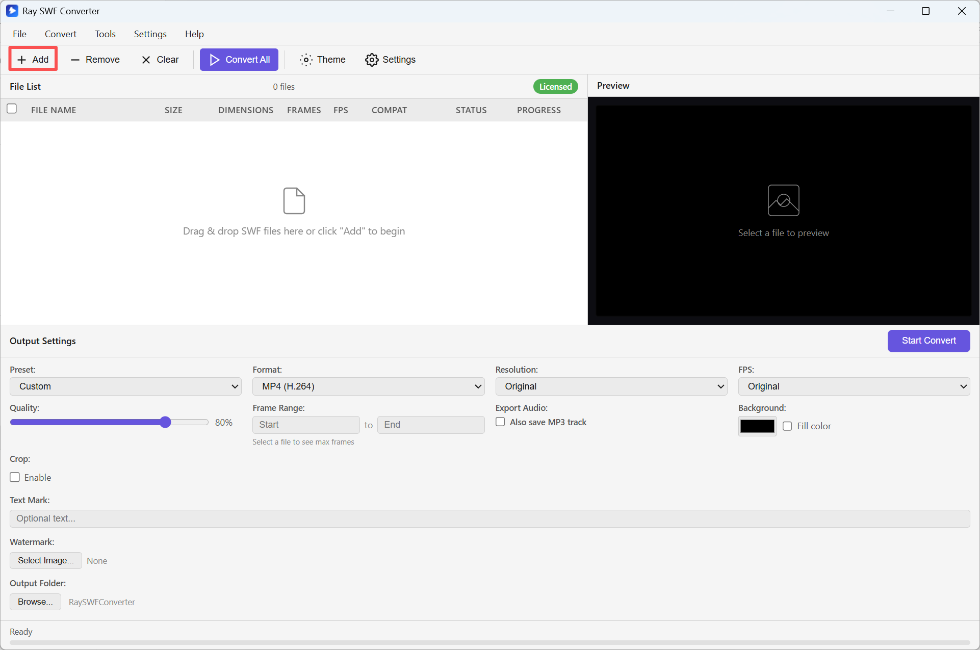Ray SWF Converter — click Add
