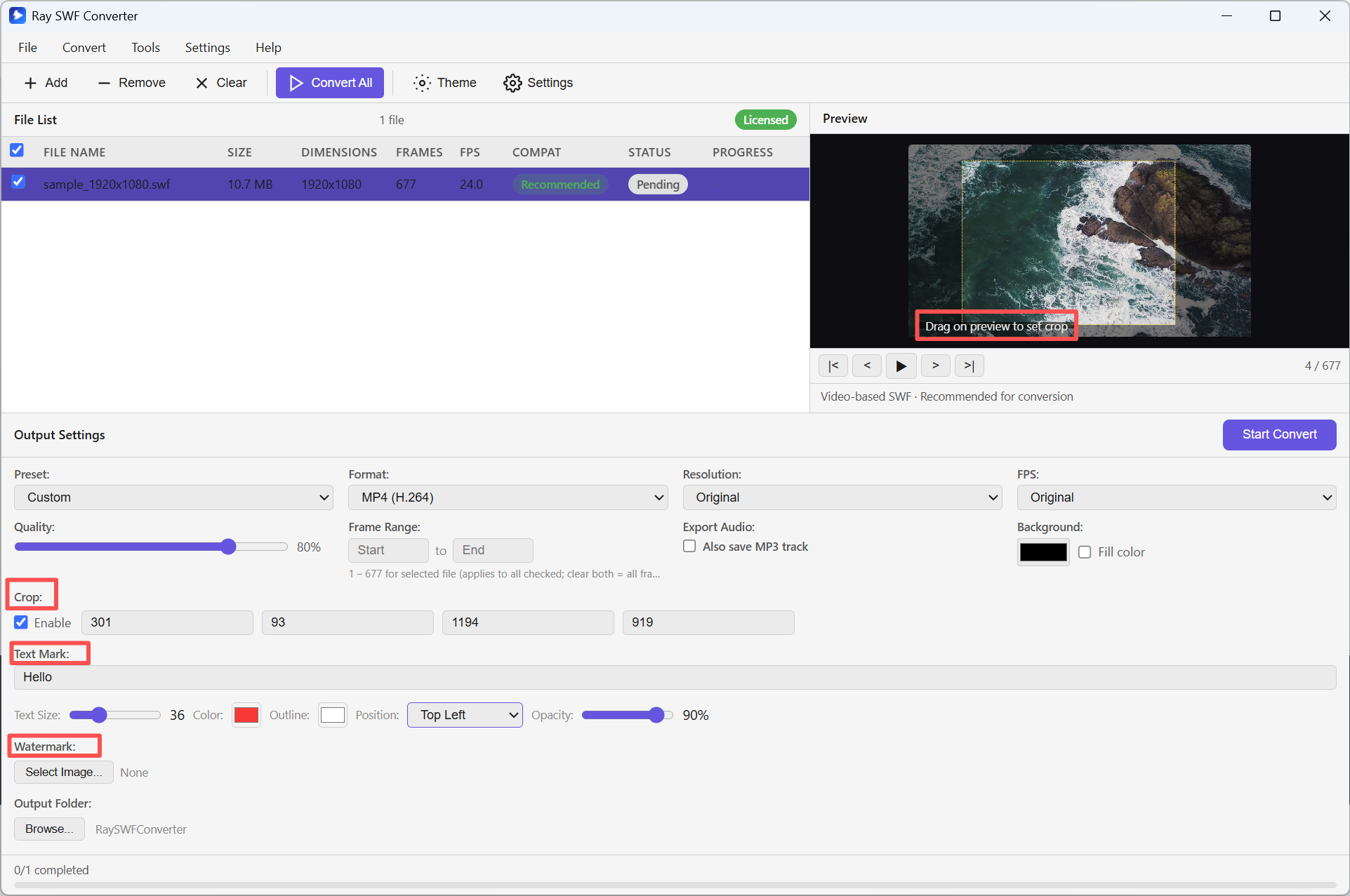 Output settings — Crop, Text Mark, Watermark