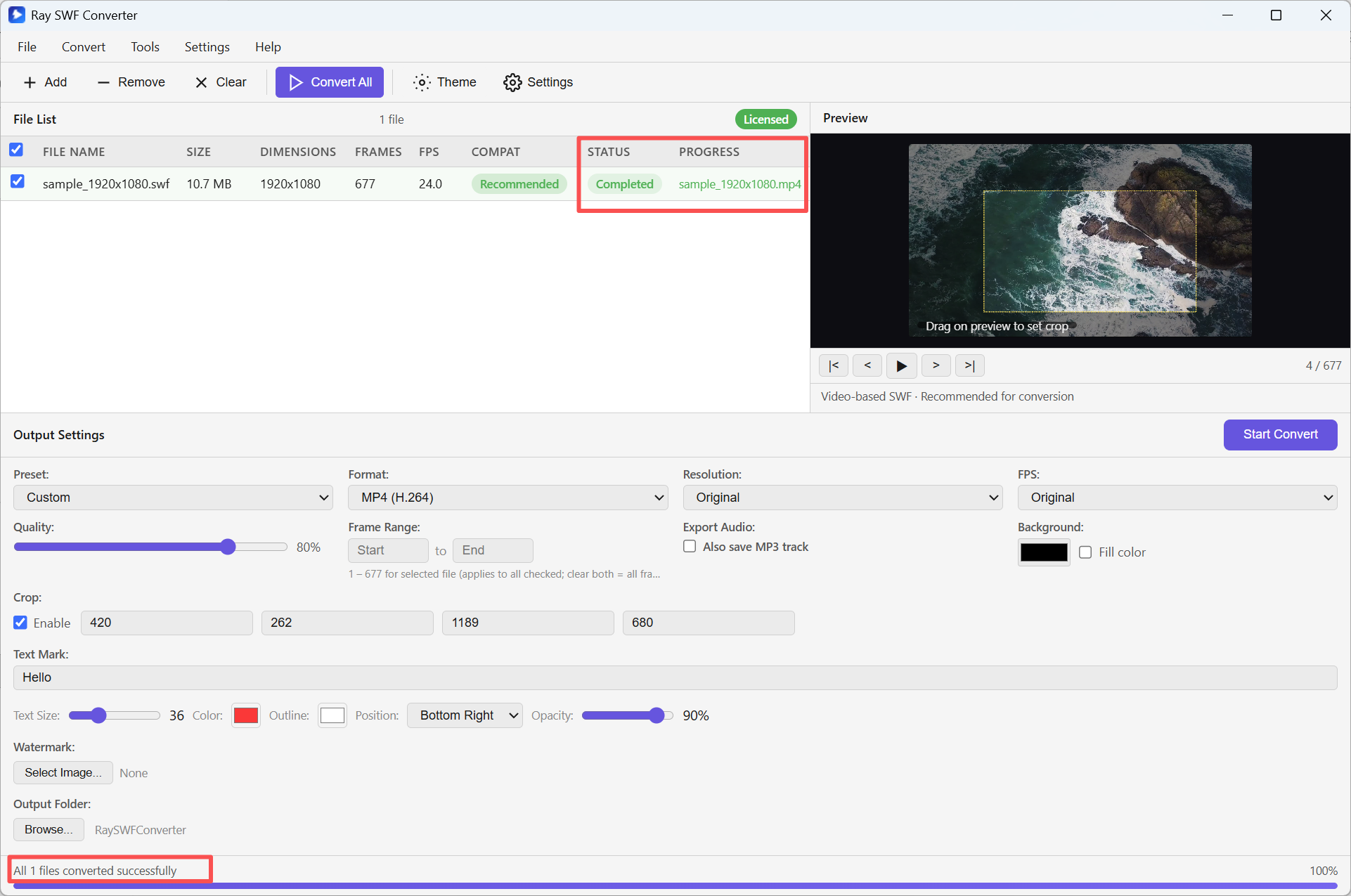 Conversion completed — status and progress
