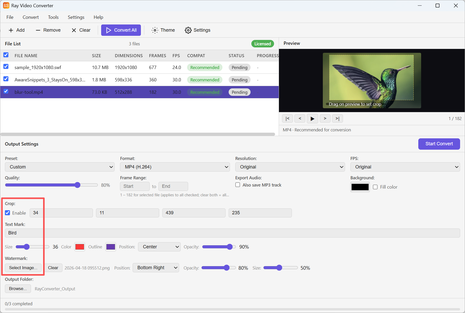 Output settings — Crop, Text Mark, Watermark