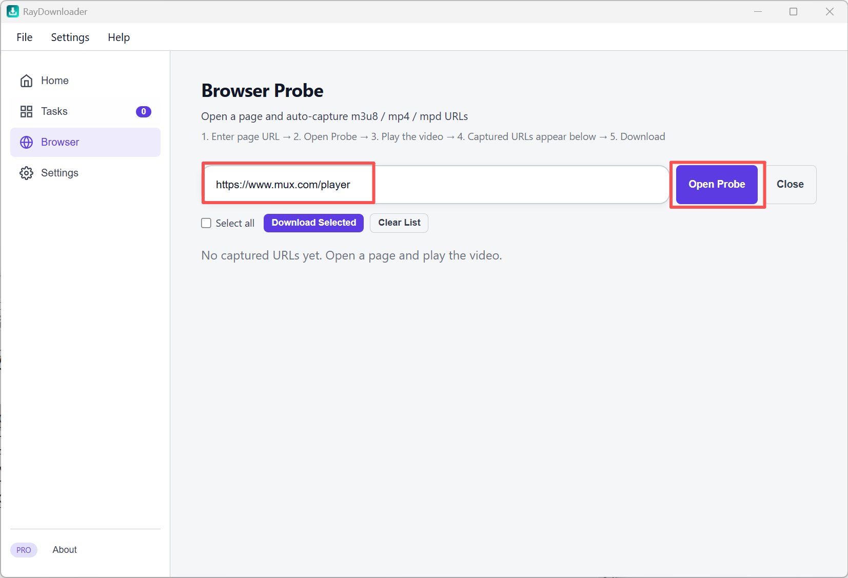 Enter page URL and click Open Probe