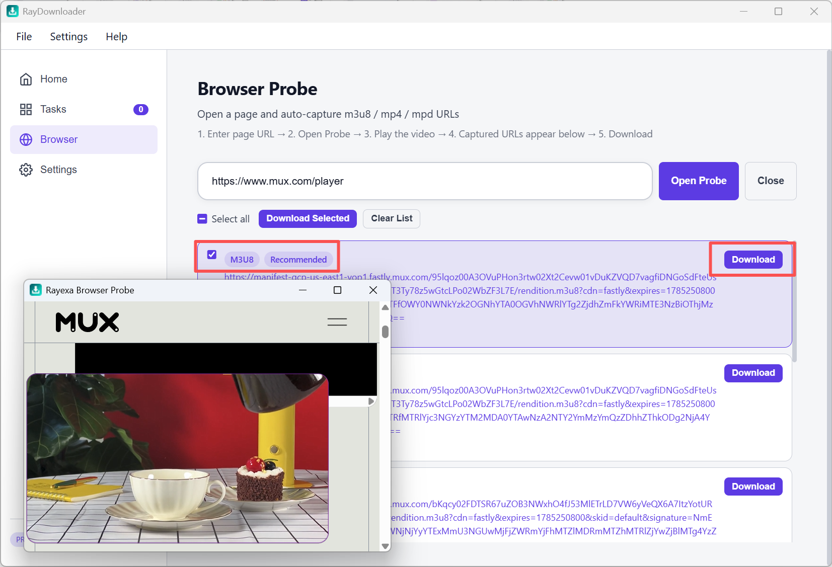 Play video, select captured URL, and click Download