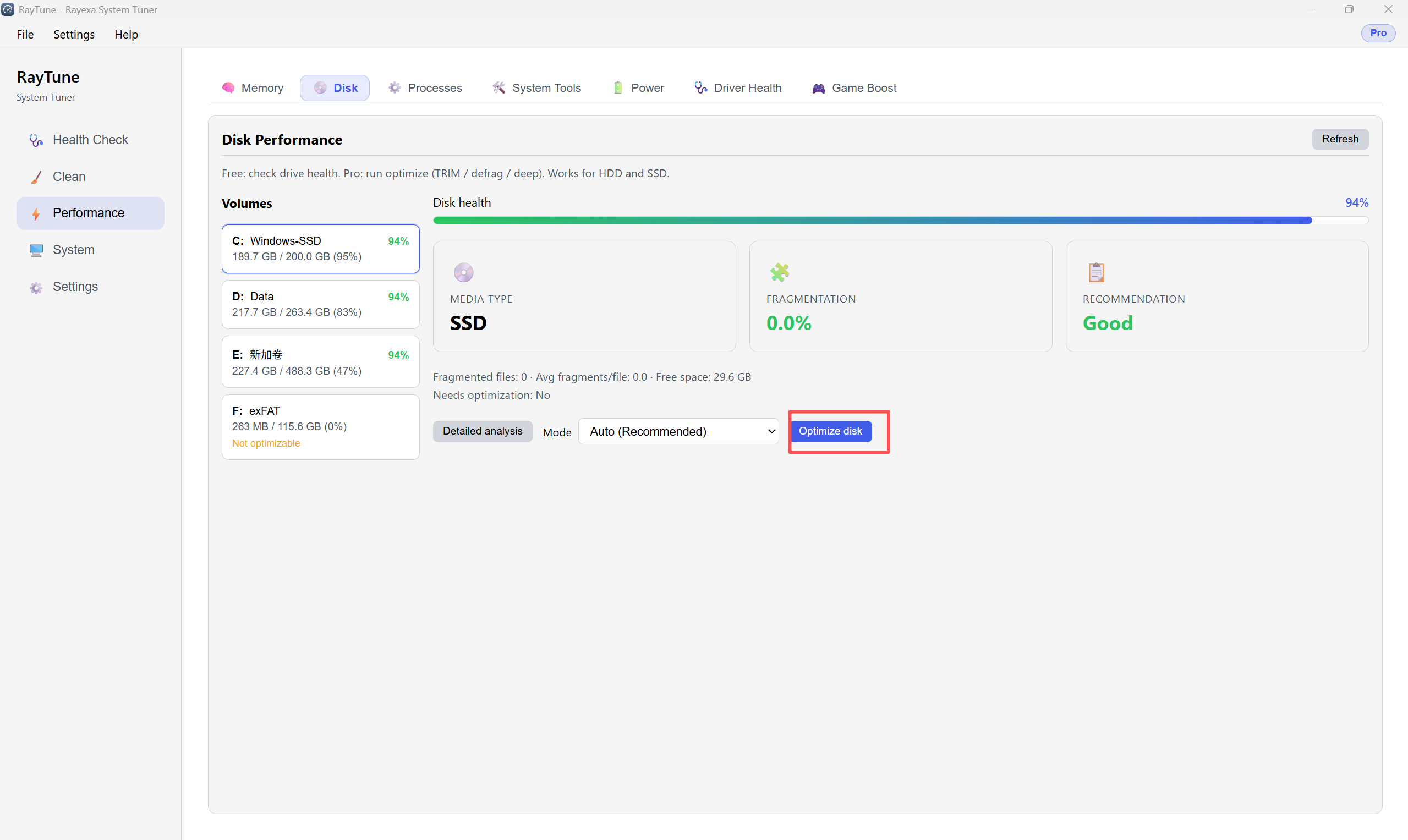 Performance 鈥?Disk tab, Optimize disk