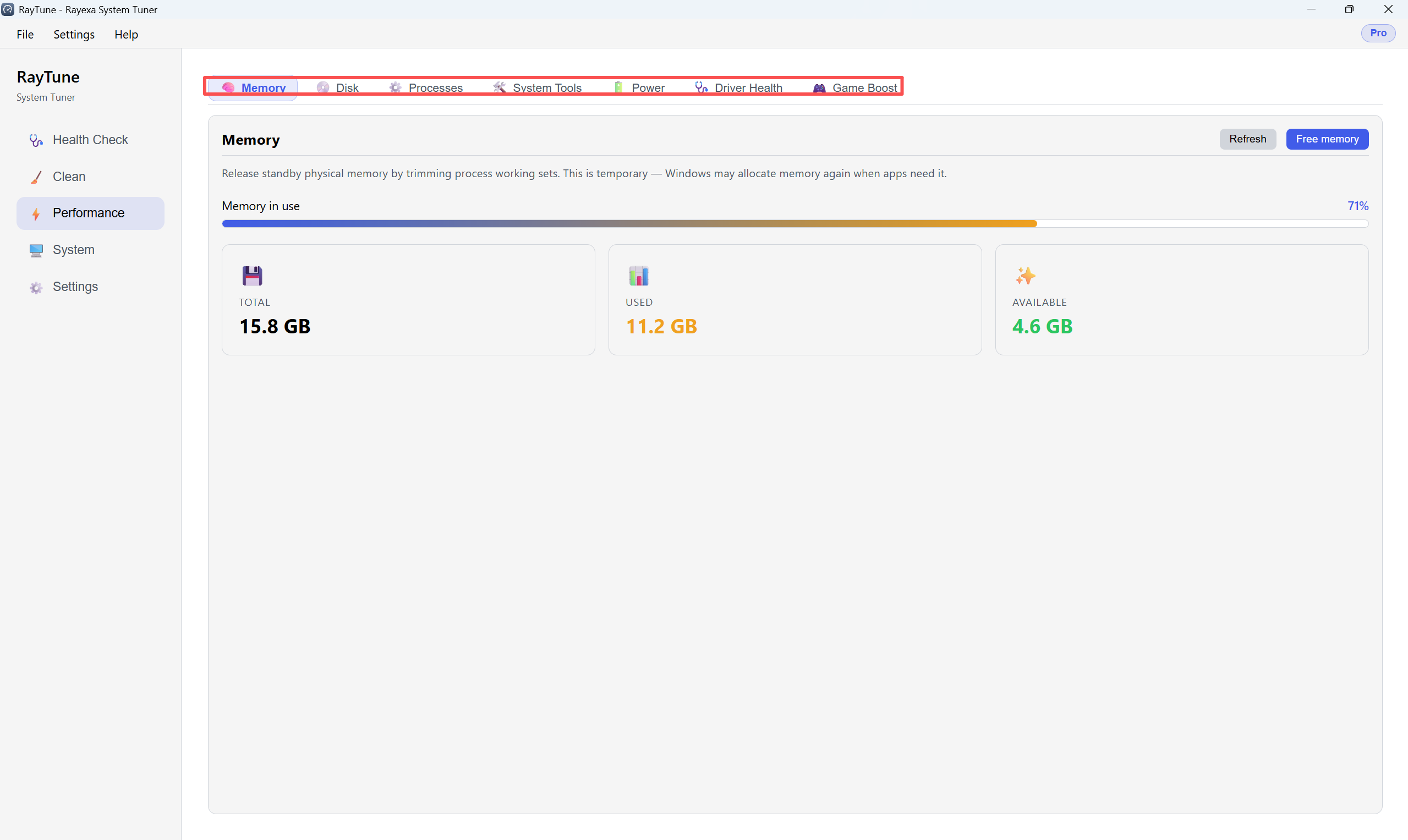 Performance 鈥?Memory tab, Free memory