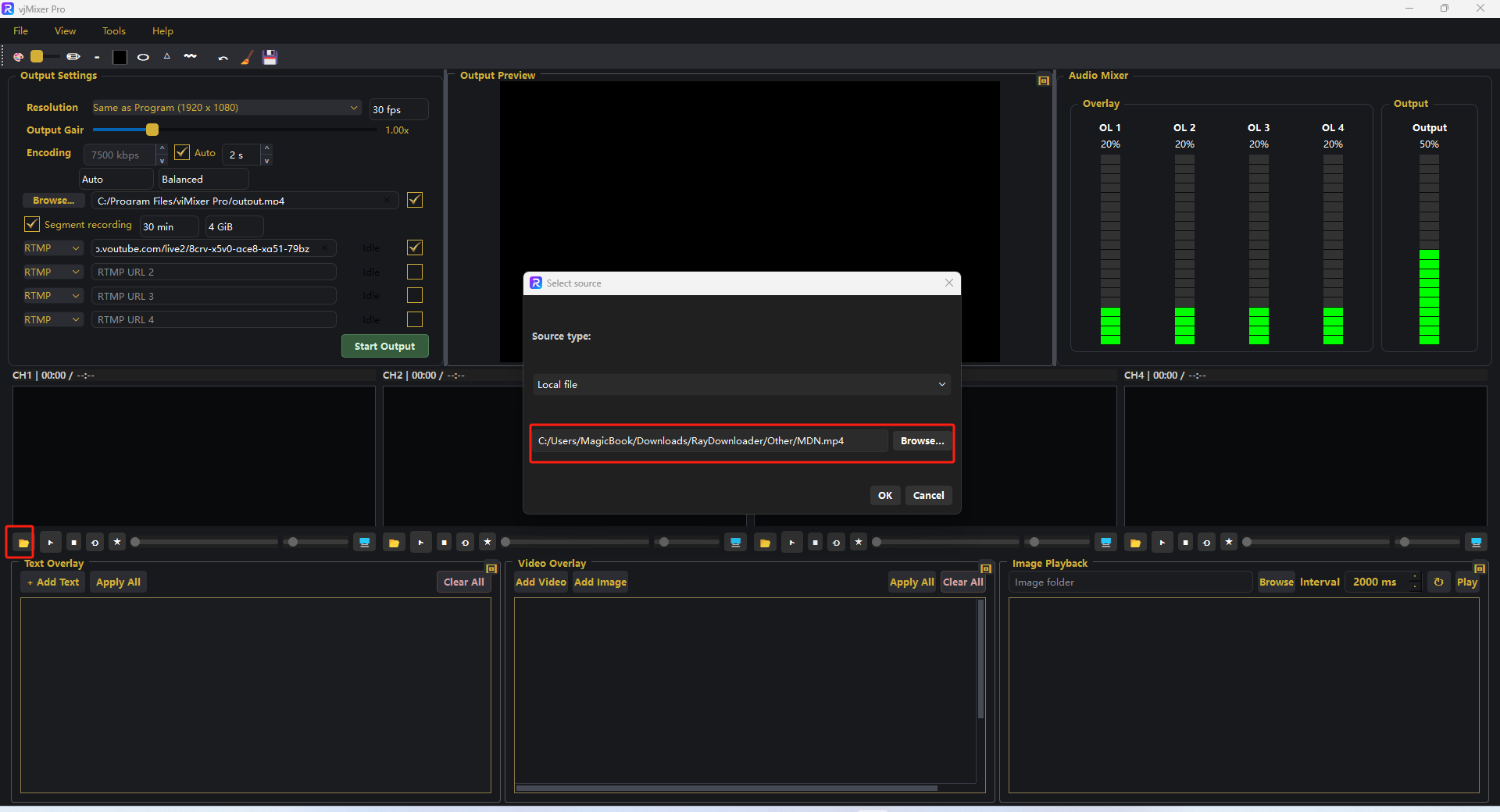 Select source dialog opened from a channel folder button
