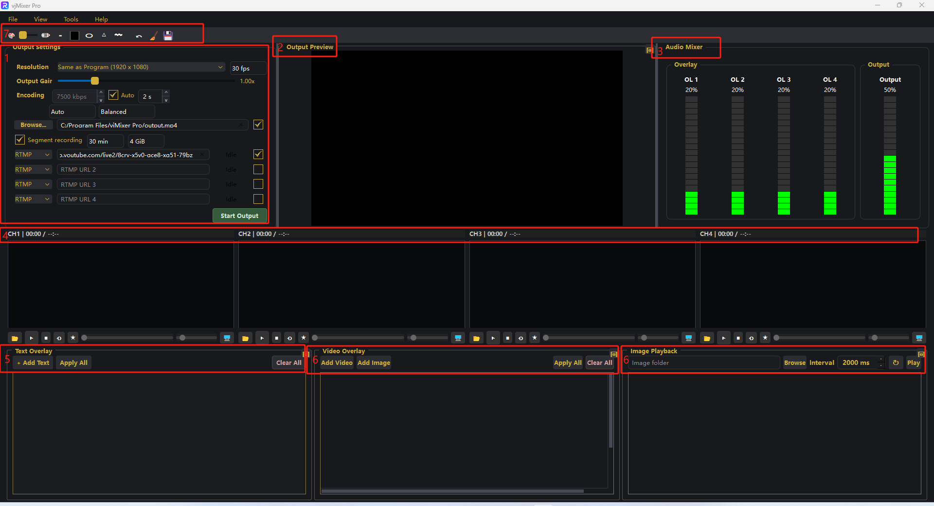 vjMixer Pro main interface with numbered areas