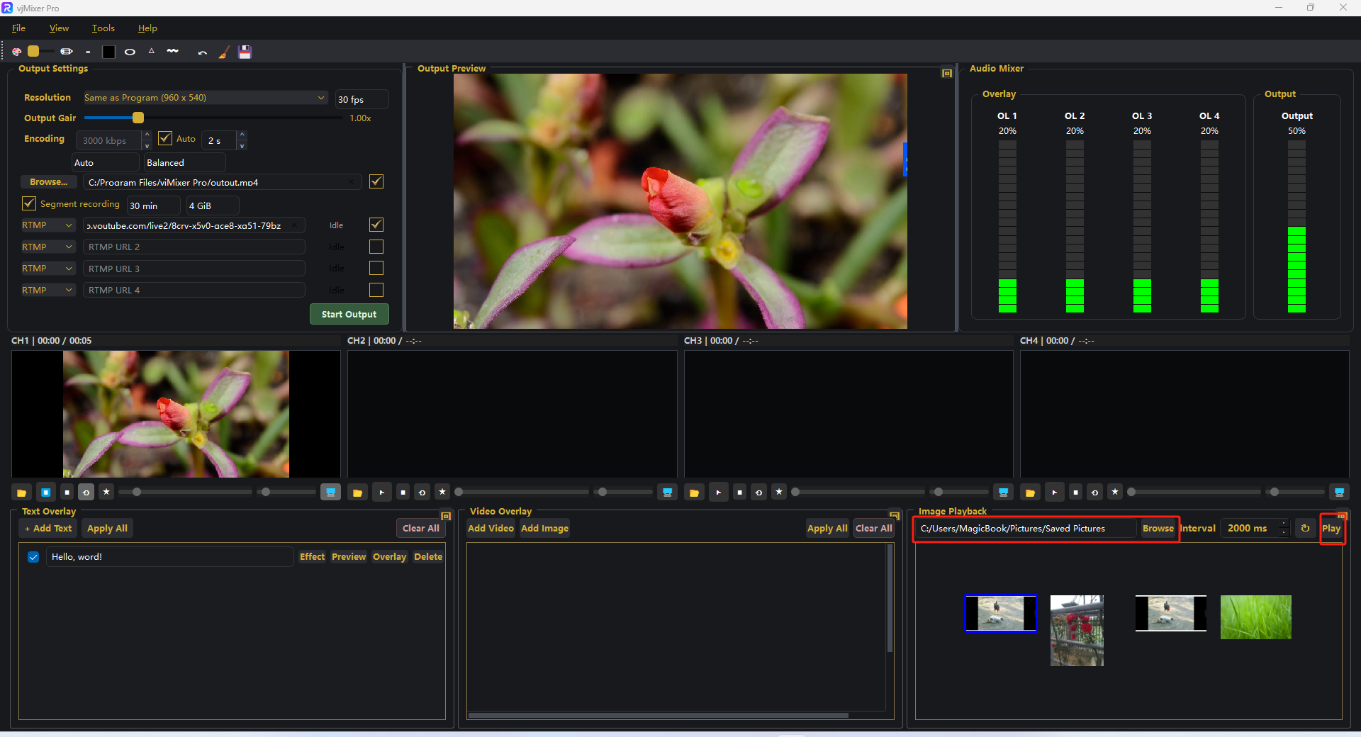 Image Playback panel with folder, interval, and Play highlighted