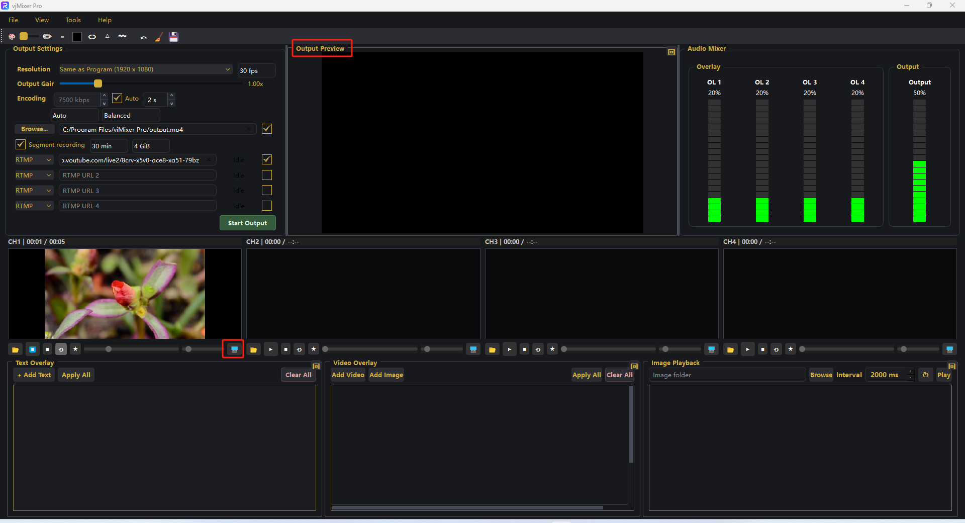Channel preview button sending CH1 to the Output Preview