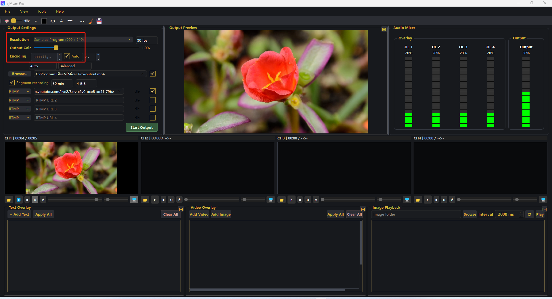 Output Settings with resolution, gain, and encoding highlighted