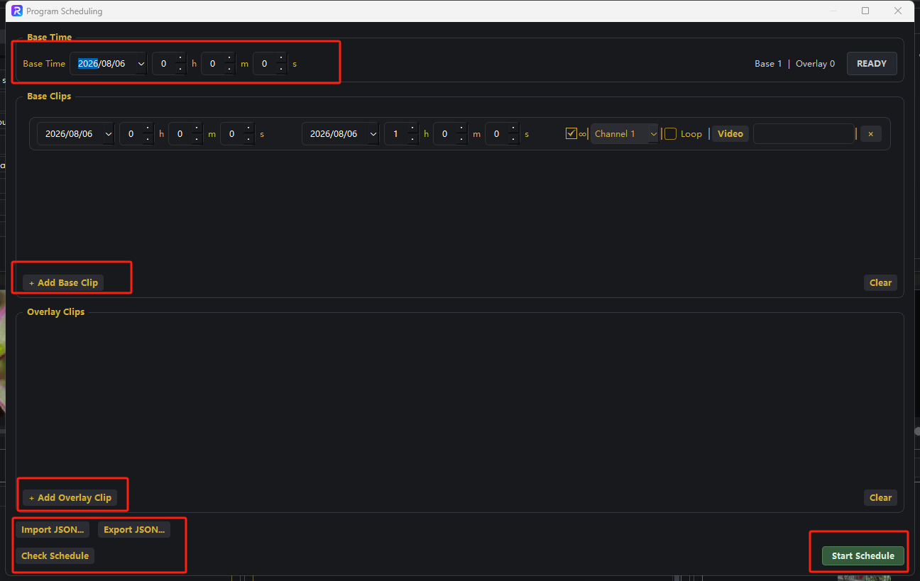 Program Scheduling window with base time, clip lists, and Start Schedule