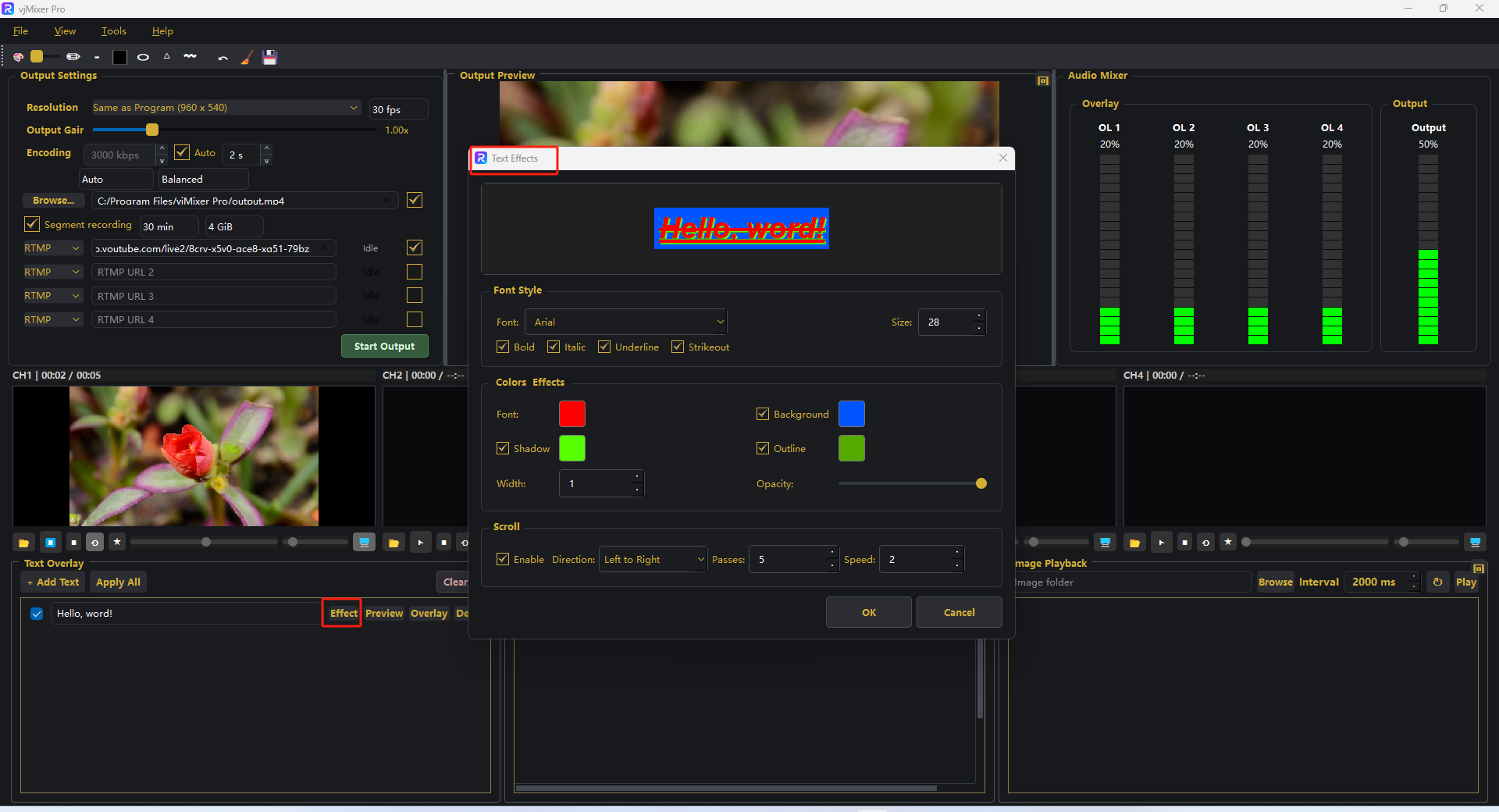 Text Effects dialog with font, colors, and scroll options