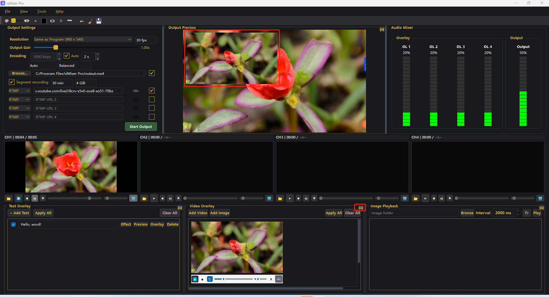 Pop-out button and a video layer shown on the Output Preview